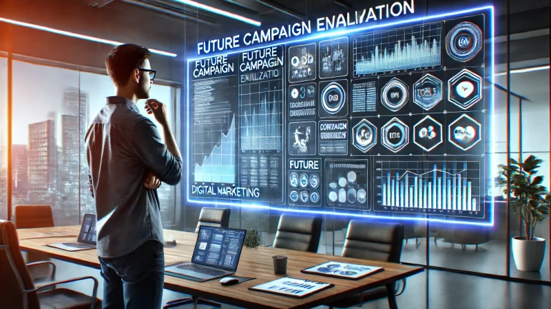 A digital marketing professional analyzing data and metrics on a large screen, with graphs, charts, and campaign insights displayed.