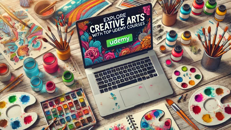 A 16:9 image depicting a creative arts workspace with a laptop displaying Udemy's website focused on creative arts courses.