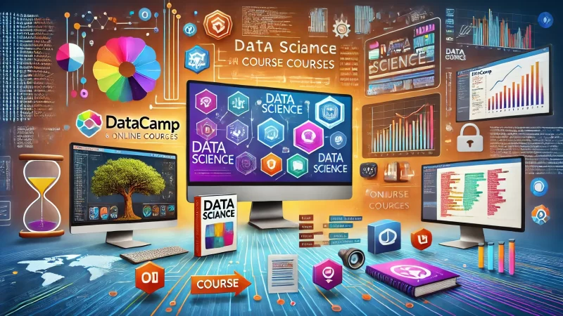 A vibrant, modern image showcasing an array of online courses and data science tools on a digital learning platform.