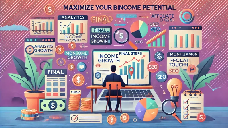 A professional, vibrant digital illustration showing the final steps to maximize blog income potential.