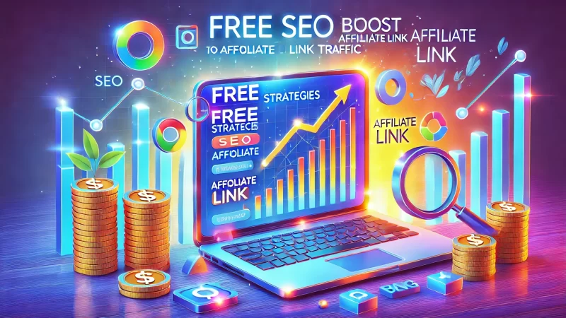 A vibrant and modern illustration depicting free SEO strategies to boost affiliate link traffic. 