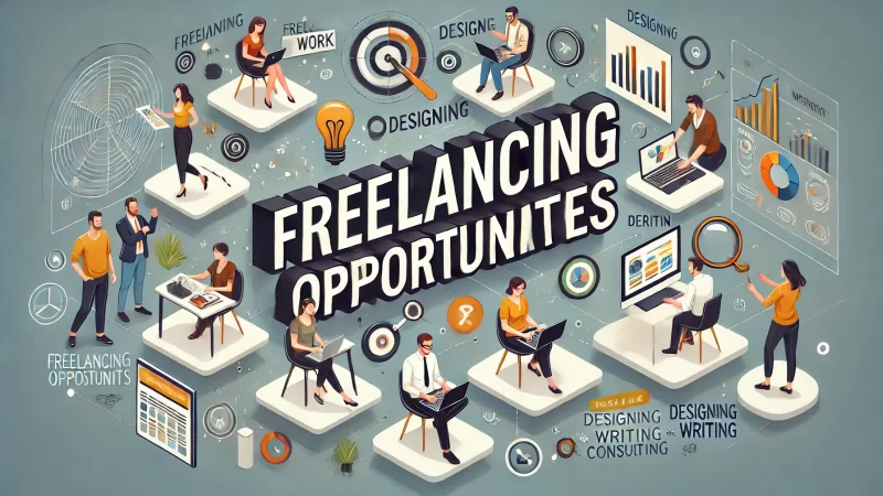 A modern and professional image with the text 'Freelancing Opportunities' in a bold, standout font that is highly readable.