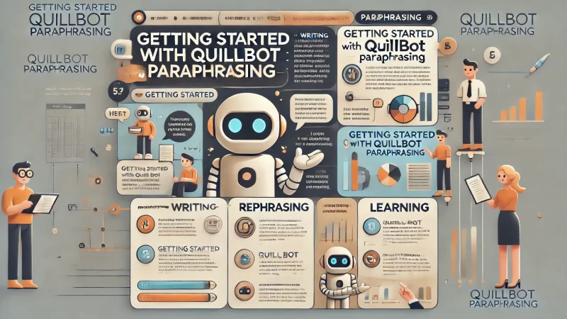 A modern, professional infographic with a 16:9 aspect ratio titled 'Getting Started with QuillBot Paraphrasing.' 