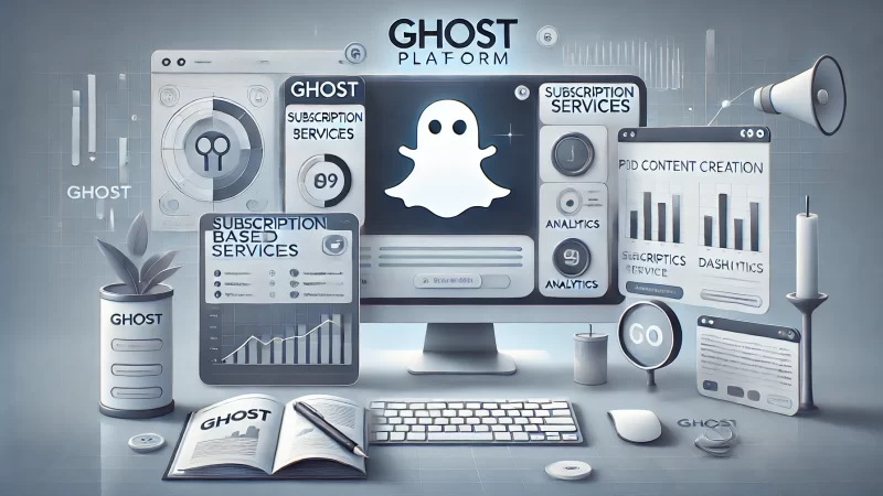 A visually appealing illustration representing the Ghost platform, a modern and sleek interface showcasing features for paid content creation.