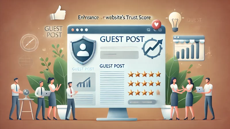 A professional digital illustration depicting the concept of guest posting enhancing a website's trust score. 