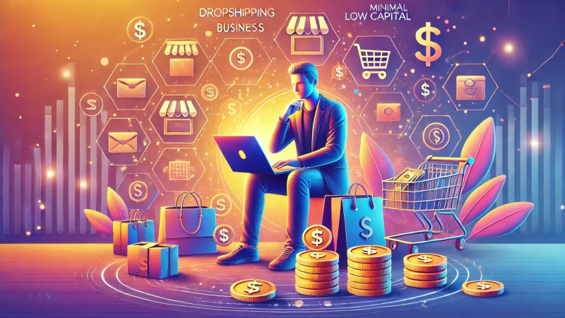 A vibrant, modern illustration showing a young entrepreneur setting up a dropshipping business with minimal capital.