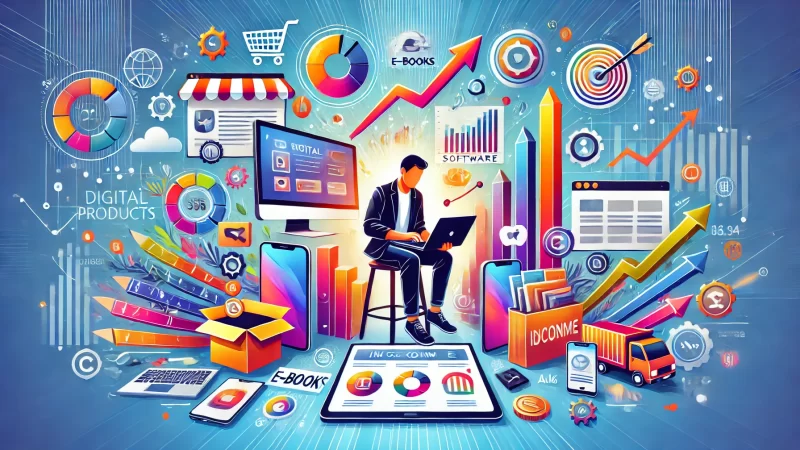 A vibrant and engaging illustration showing a person surrounded by digital products like e-books, software icons, online courses, and eCommerce items such as packaged goods and shipping boxes.