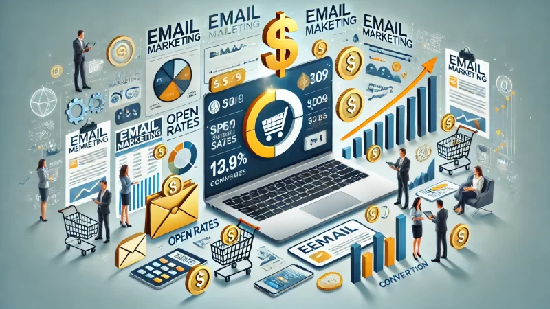 A dynamic 16:9 aspect ratio image illustrating the concept of increasing sales through email marketing.