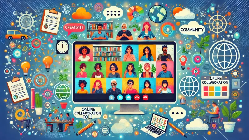 A vibrant illustration of a diverse group of people collaborating online, depicted as a video conference call interface.