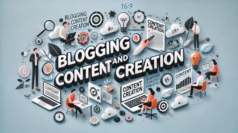 A professional, modern image with a clean color scheme and a bold headline reading 'Blogging And Content Creation'. 