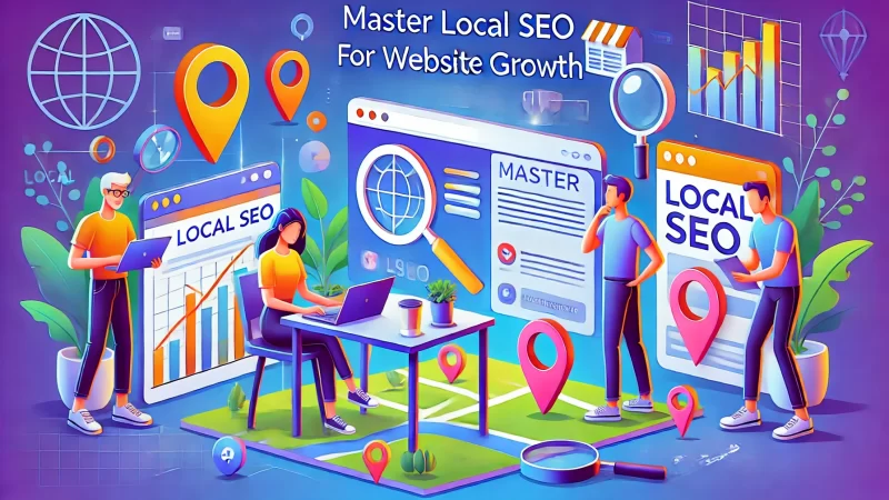 Learn How to Add SEO to Website for Instant Growth A modern, informative illustration for 'Master Local SEO for Website Growth'.