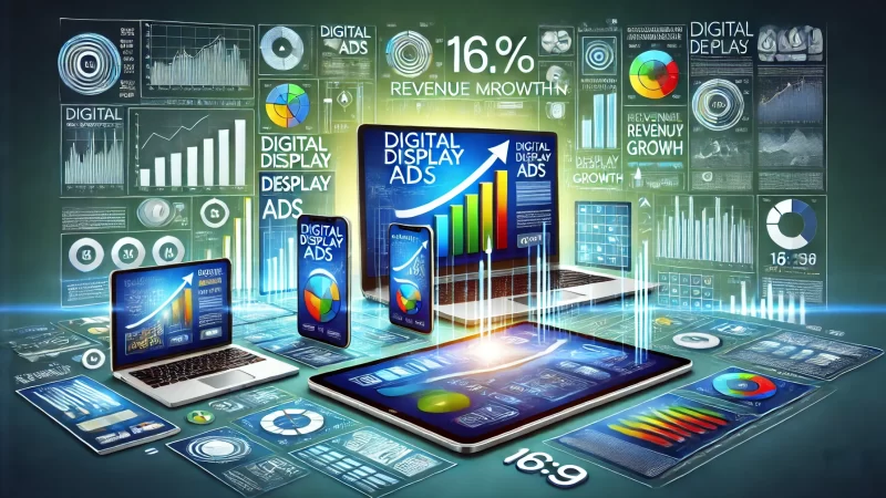 A modern, vibrant image showing digital display ads on various screens like laptops, smartphones, and tablets, all surrounded by colorful graphs and icons symbolizing revenue growth.