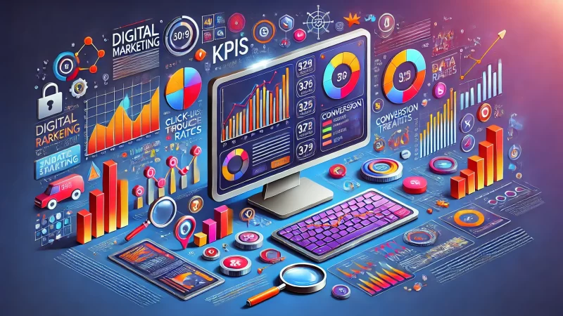 A vibrant and professional illustration depicting a digital marketing dashboard on a computer screen, surrounded by various icons and elements related to measuring and analyzing campaign success. 