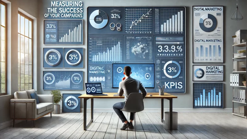 An image illustrating the concept of 'Measuring the Success of Your Campaigns,' showing a modern workspace with digital marketing tools on screens, analytics graphs, KPIs, and charts on a sleek computer and tablet.