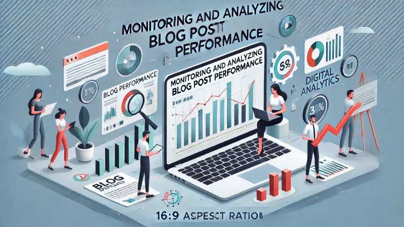 A modern, informative 16:9 aspect ratio image with a bold heading that reads 'Monitoring and Analyzing Blog Post Performance'.