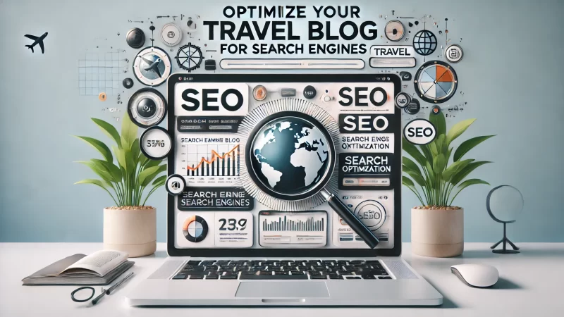 A clean and professional banner image with the heading 'Optimize Your Travel Blog For Search Engines' in bold, easily readable font.