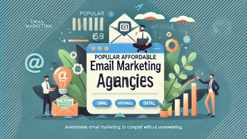 Create a 16:9 aspect ratio image with the heading 'Popular Affordable Email Marketing Agencies' in a bold, readable font that stands out. 