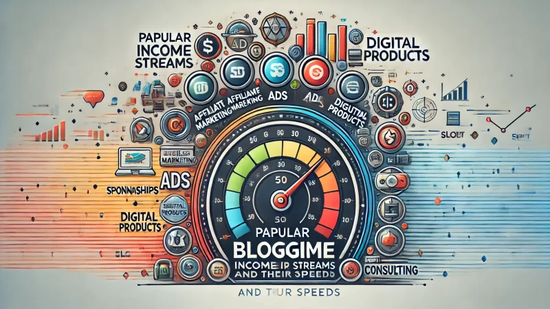 An infographic-style image with the heading 'Popular Blogging Income Streams and Their Speeds'. 