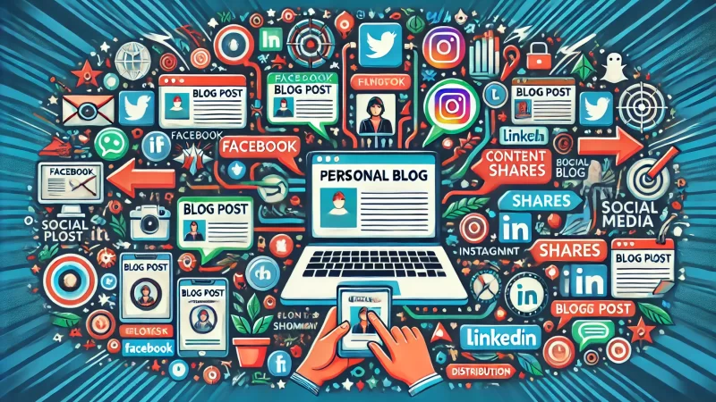 An engaging illustration depicting the promotion of a personal blog through various social media channels.