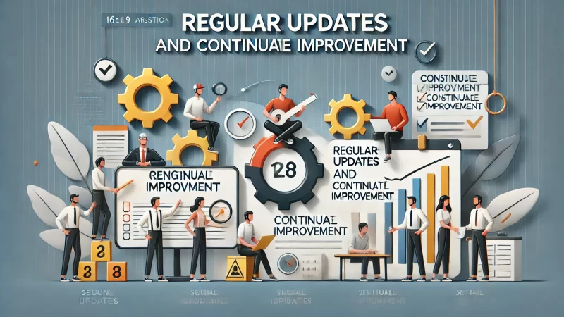 A professional 16:9 aspect ratio image with the text heading: 'Regular Updates and Continuous Improvement' in a bold and readable font. 