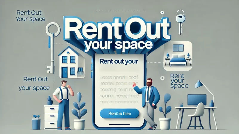 A professional and modern 16:9 image with the bold headline 'Rent Out Your Space.'