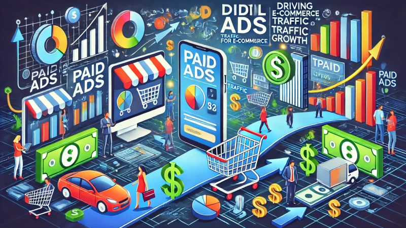 A visually compelling illustration of digital advertising for e-commerce, featuring concepts like paid ads, traffic growth, shopping cart icons, and currency symbols.