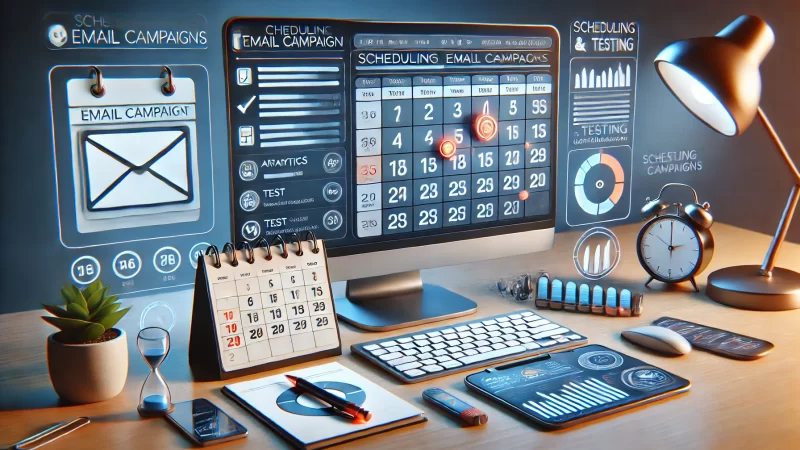 A detailed, modern image of a digital workspace focused on scheduling and testing email campaigns.