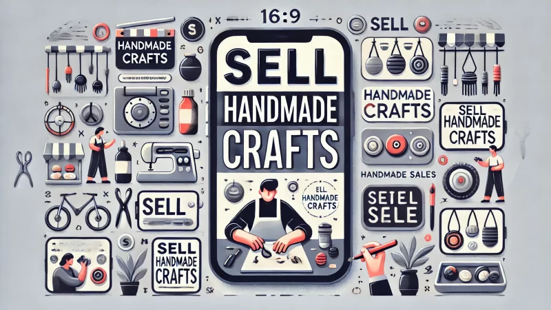 A modern and professional 16:9 image with a bold heading that says 'Sell Handmade Crafts'.