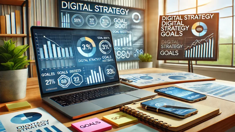 An image showing a workspace with a digital strategy planning setup, including a laptop with graphs, charts, and goal-setting documents on the screen.