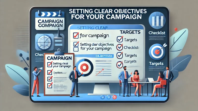 A professional image with a 16:9 aspect ratio titled 'Setting Clear Objectives For Your Campaign.' 