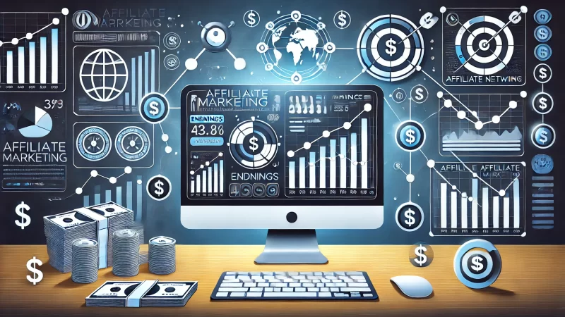 An illustration showing a computer screen displaying an affiliate marketing dashboard with earnings metrics, alongside icons representing affiliate networks and links. 