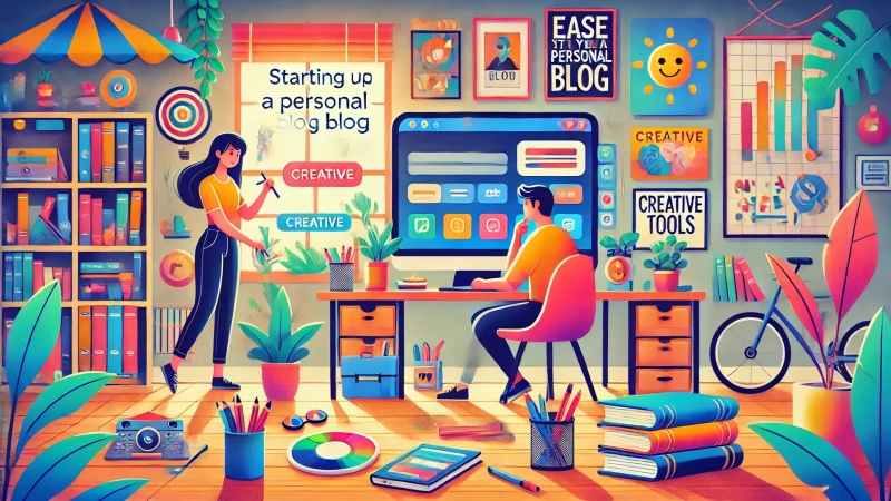 What Is a Personal Blog? 7 Reasons to Start One Today A modern and vibrant 16:9 illustration featuring animated characters setting up a personal blog.