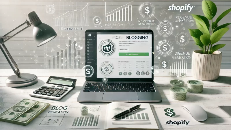 A professional and modern image representing e-commerce blogging with Shopify for revenue generation.