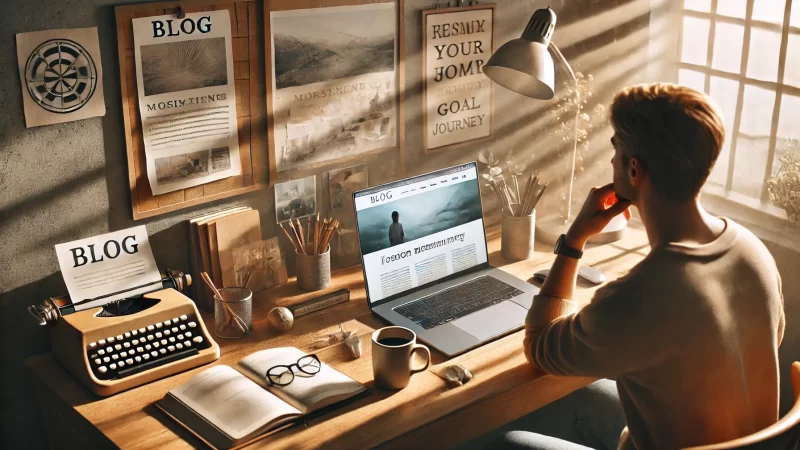 An inspiring scene depicting motivation and commitment in a personal blogging journey, showing a focused individual working at a cozy desk setup with a laptop open to a blog interface.