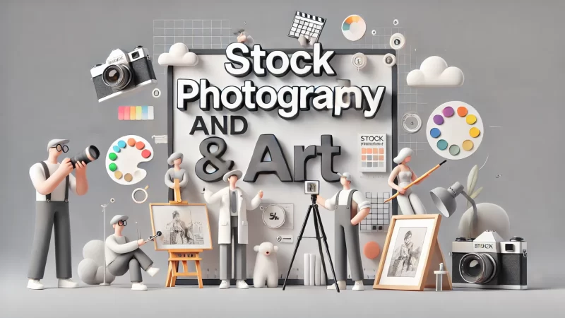 A professional and modern 16:9 image with the bold headline 'Stock Photography And Art.' 