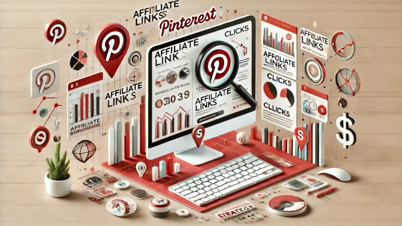 A visually engaging graphic with a Pinterest-themed background, showcasing a desktop with the Pinterest app open, highlighting affiliate links and clicks in a creative way. 