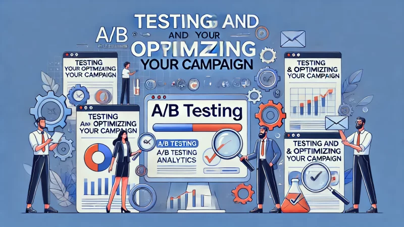 A professional 16:9 aspect ratio image titled 'Testing and Optimizing Your Campaign.'