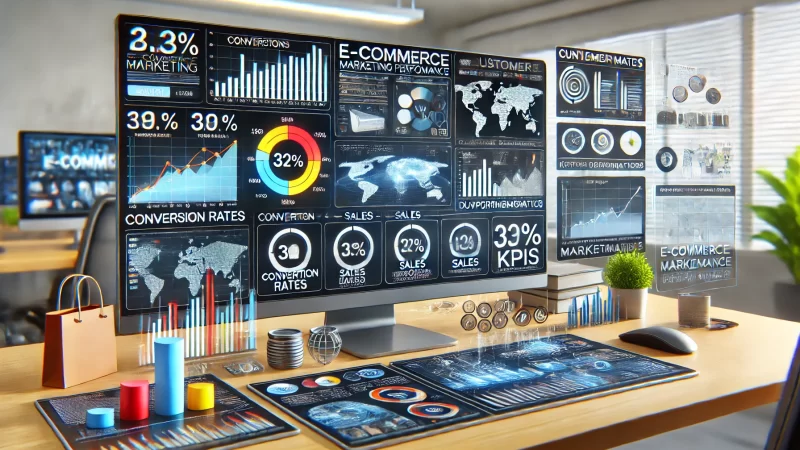 A digital dashboard showing various metrics related to e-commerce marketing performance.