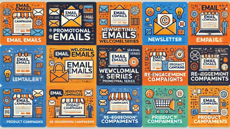 A modern, visually engaging graphic showing different types of email campaigns for small businesses.