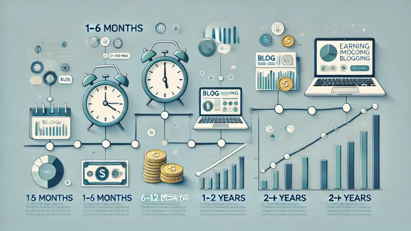 A modern, clean infographic illustration showing different time frames for earning income from blogging.