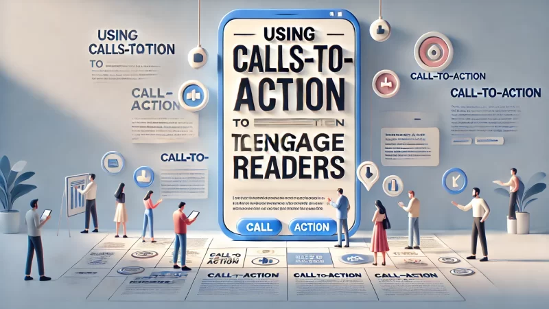 A modern, professional 16:9 aspect ratio image with the bold heading text: 'Using Calls-To-Action To Engage Readers'. 