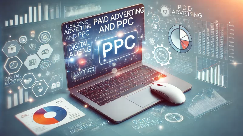 A professional image illustrating 'Utilizing Paid Advertising and PPC,' showing elements like a digital ad campaign on a laptop screen, PPC symbols like a mouse clicking on an ad, and analytics charts displayed around the laptop.