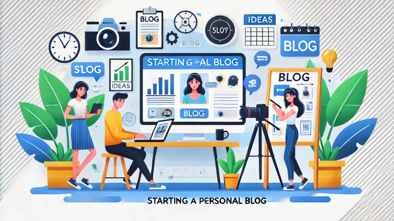What Is a Personal Blog? 7 Reasons to Start One Today A modern and visually appealing image with a 16:9 aspect ratio, featuring animated characters engaged in blogging activities.