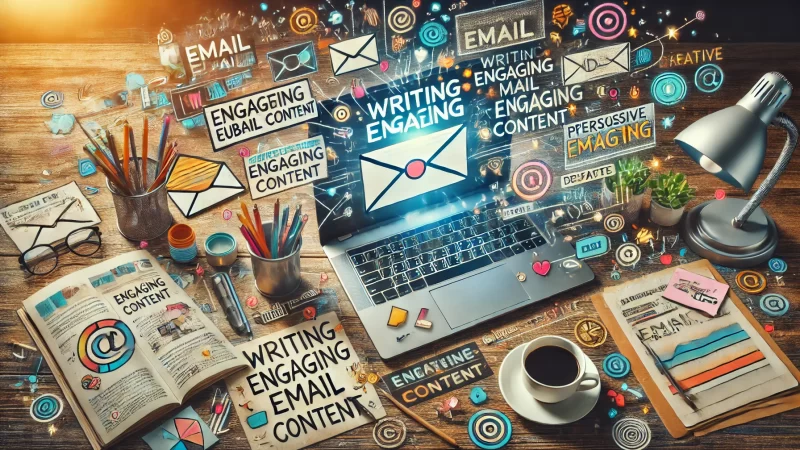 An image of a creative workspace setup illustrating 'Writing Engaging Email Content'. 