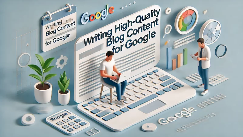 A modern, clean 16:9 aspect ratio image with a bold, readable headline text 'Writing High-Quality Blog Content For Google.'