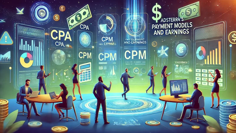 What Is Adsterra? Discover This Powerful Ad Network Today A digital illustration showing animated characters representing publishers and advertisers interacting with a futuristic payment dashboard.