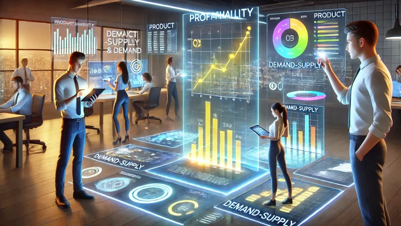 How to Find Affiliate Products You’ll Love Promoting A modern digital illustration of animated characters analyzing product profitability and demand in a futuristic workspace.