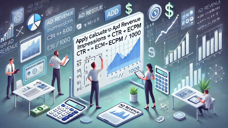 How to Calculate Ad Revenue of an App in 5 Simple Steps A modern and informative digital illustration designed for the text heading 'Apply A Formula To Calculate App Ad Revenue'.