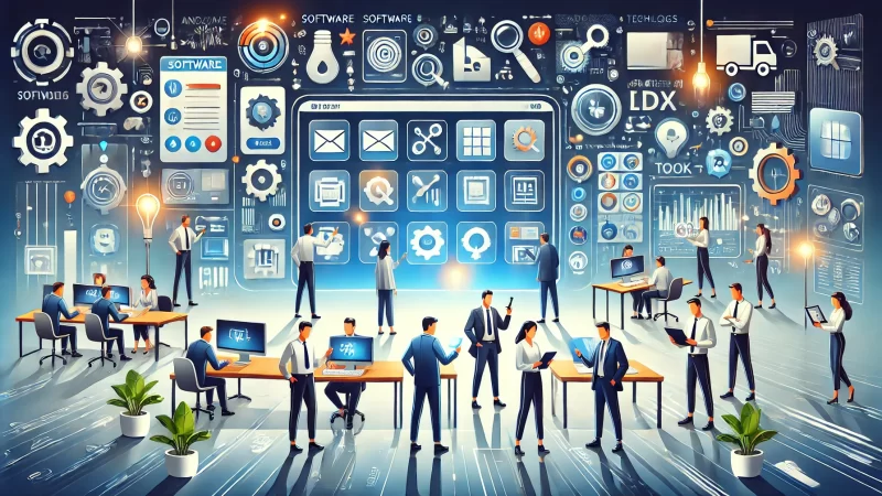 How to Start an Online Digital Marketing Business in 2025 A modern and informative illustration in 16:9 aspect ratio featuring animated characters exploring and selecting tools and technologies.