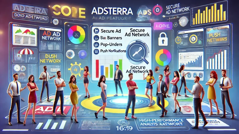 What Is Adsterra? Discover This Powerful Ad Network Today A modern and informative illustration featuring animated characters showcasing the core features of Adsterra, a digital advertising platform.
